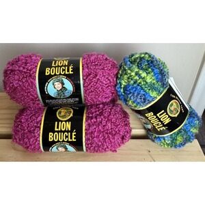 Lion Brand Yarn Boucle New Discontinued 3 #112 Rose & 1 #202 Lime Blue Skein